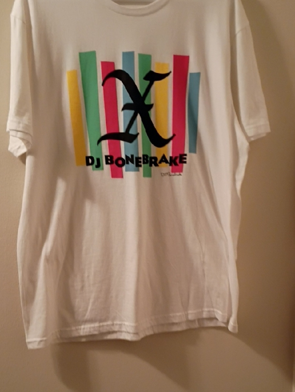 X The Bands Dj Bonebrake White Graphic Tee with Multicolor Bars